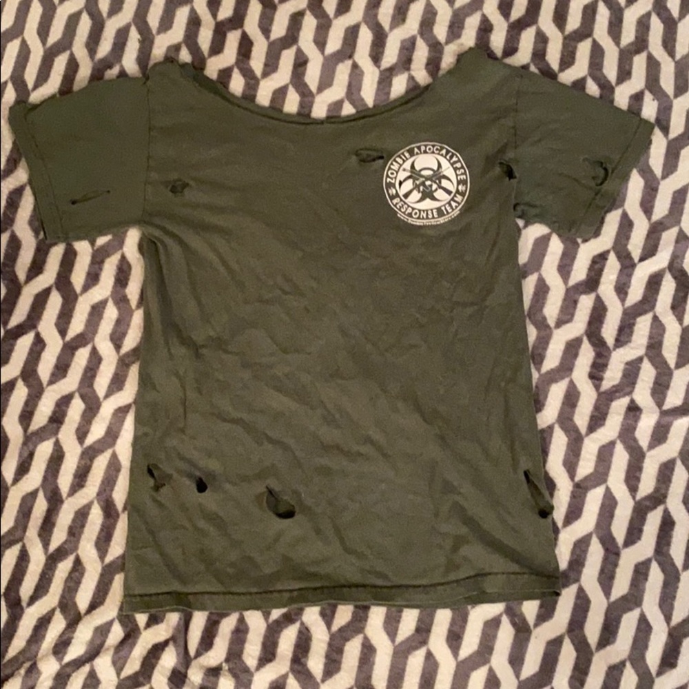Custom cut zombie apocalypse shirt off shoulder